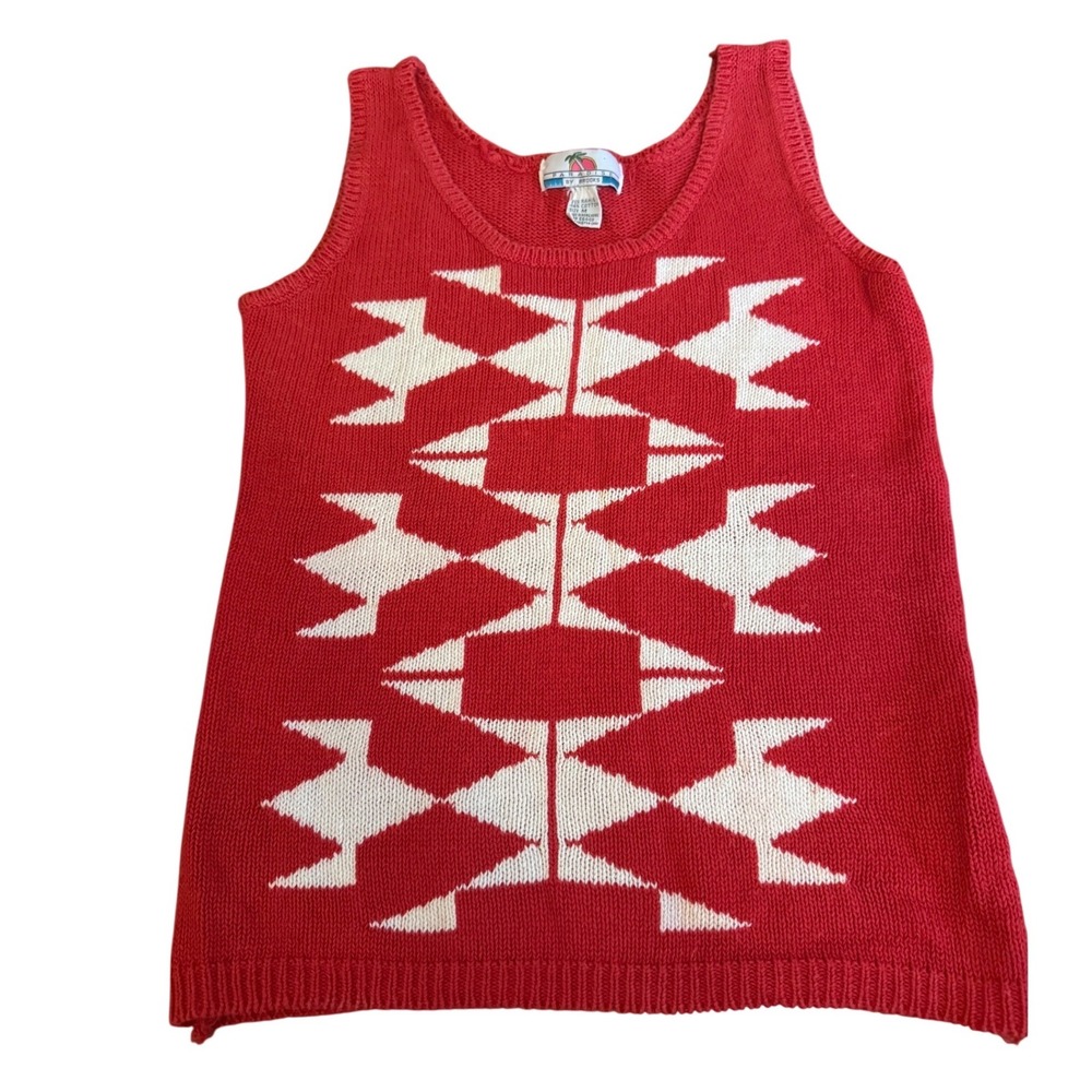 Vintage Red White Geometric Knit Tank Top Sweater Vest Women Medium Coastal